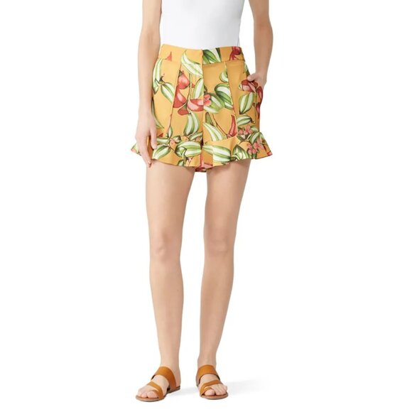 PatBO Floral High Rise Waist Fauna Ruffled Hem Pleated Seam Front Brazil Shorts - Picture 1 of 8